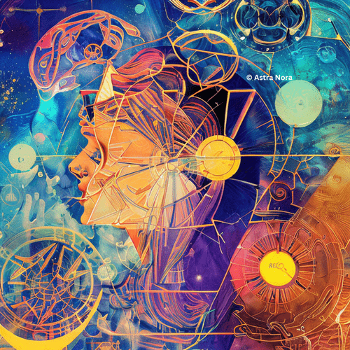 An AI woman in a surreal art style filled with celestial and astrological motifs and symbols