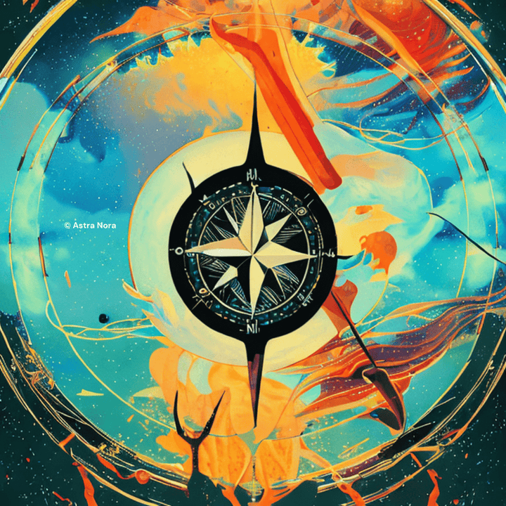 A large and colorful compass, with colors flying everywhere around the compass. This represents the planets in retrograde - mercury in retrograde, venus in retrograde, mars in retrograde, jupiter in retrograde, etc.