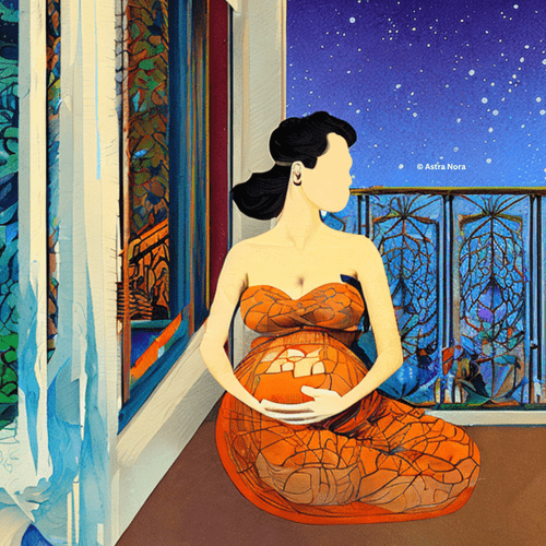 a pregnant woman sitting on a balcony, wondering if the the child she will give birth to is a sagittarius or a capricorn. She is hoping for sagittarius so that her child can be very free spirited and adventurous at heart.