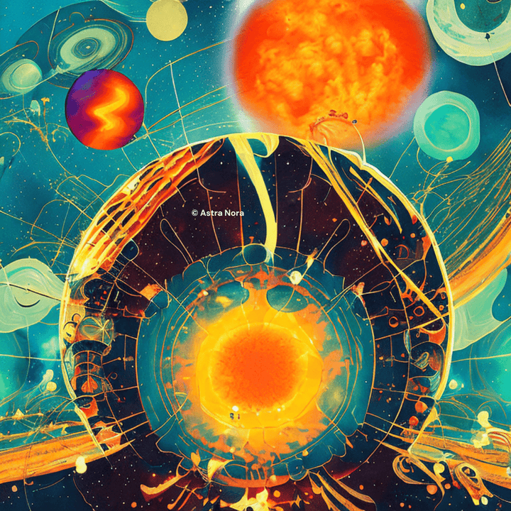 The planets in the solar system in a surreal, trippy, bold, colorful image as related to sacred geometry and symbols