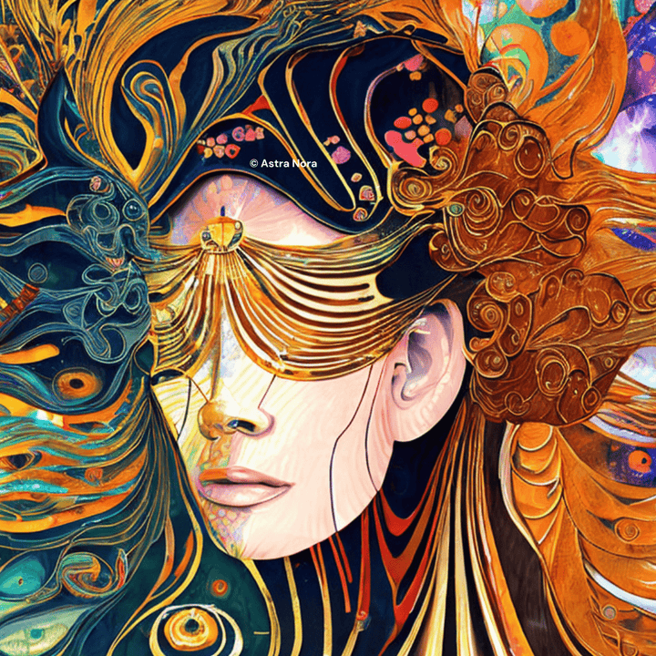 An Egyptian woman in a surreal abstract AI-generated drawing, her eyes are covered by a gold eye-patch, she represents an Egyptian goddess 