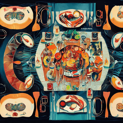 a table of feasting, full of foods from a variety of cultures and nations, each dish is cooked by a different zodiac sign, and the flavors are all different and unique from each other. All from an astrology recipe book